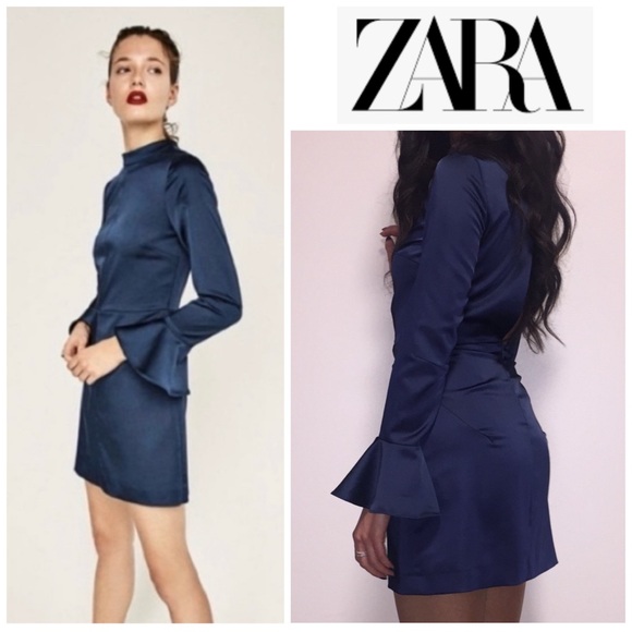 Zara Sz XS Satin Backless Dress in Navy Blue - Picture 1 of 15